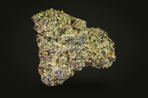 A cured bud of Purple Ghost Candy, olive green and grey-purple under a coat of trichomes, on a plain black background.