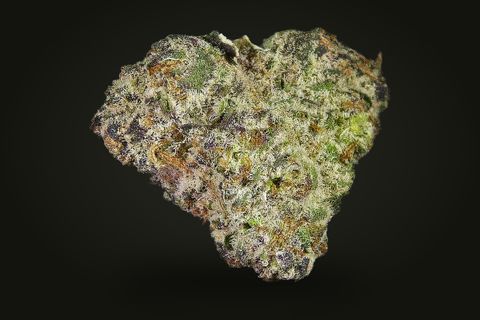 Purple Ghost Candy from another side: a heart-shaped, frosted bud in green and grey-purple, on a plain black background.