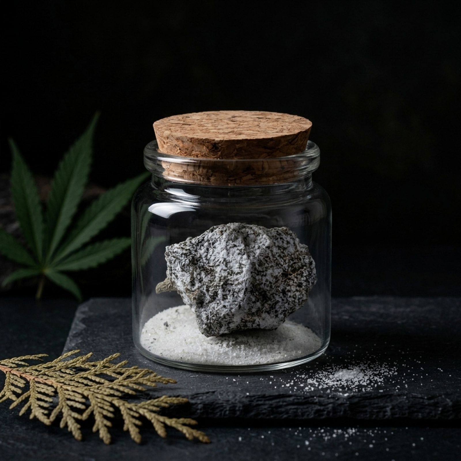 A snow ball, a cannabis bud coated in white powder, sits in a cork-stoppered glass jar on slate beside a cannabis leaf and cedar sprig.