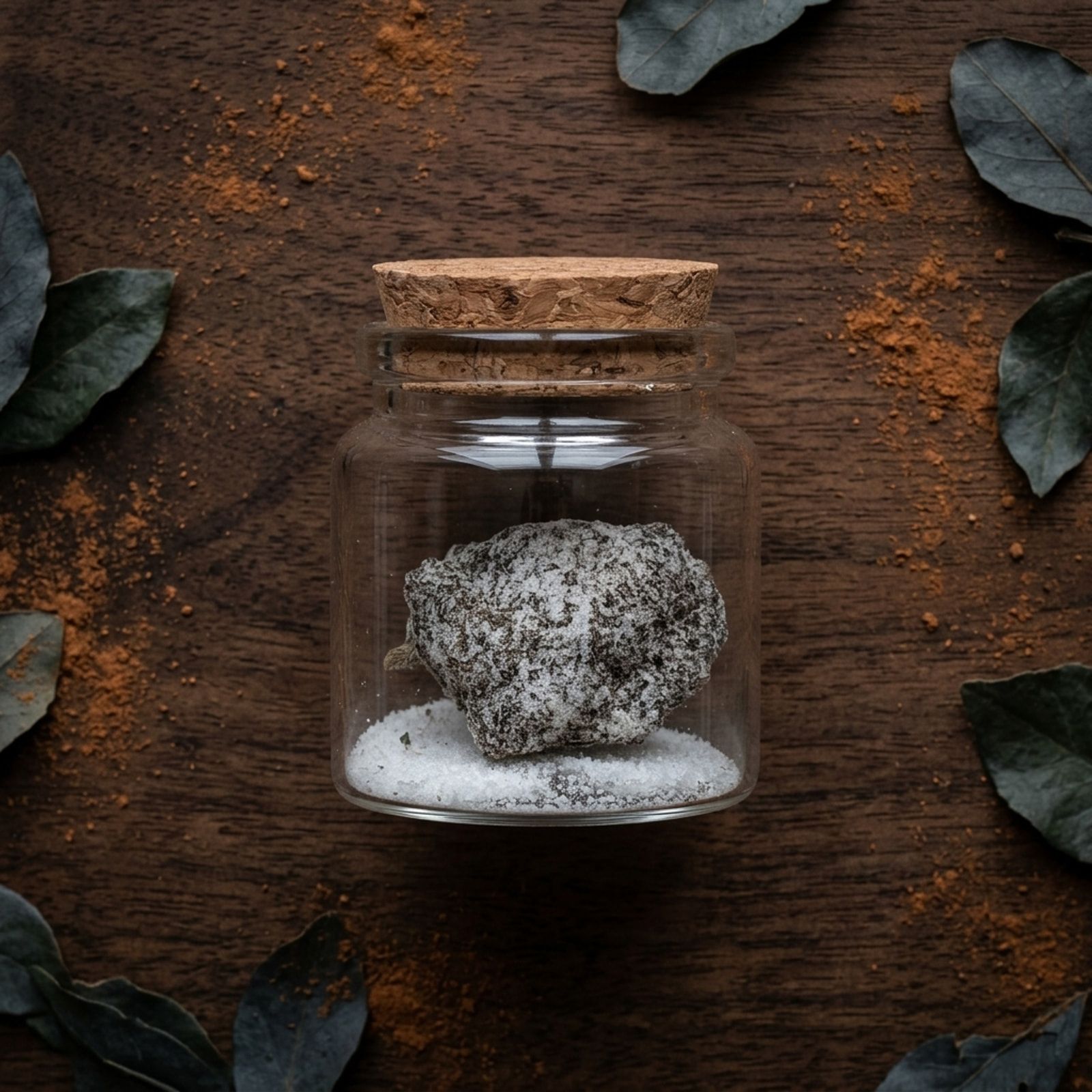 A cork-stoppered glass jar holding a white-coated cannabis bud, seen from above on dark wood scattered with reddish spice powder and bay leaves.
