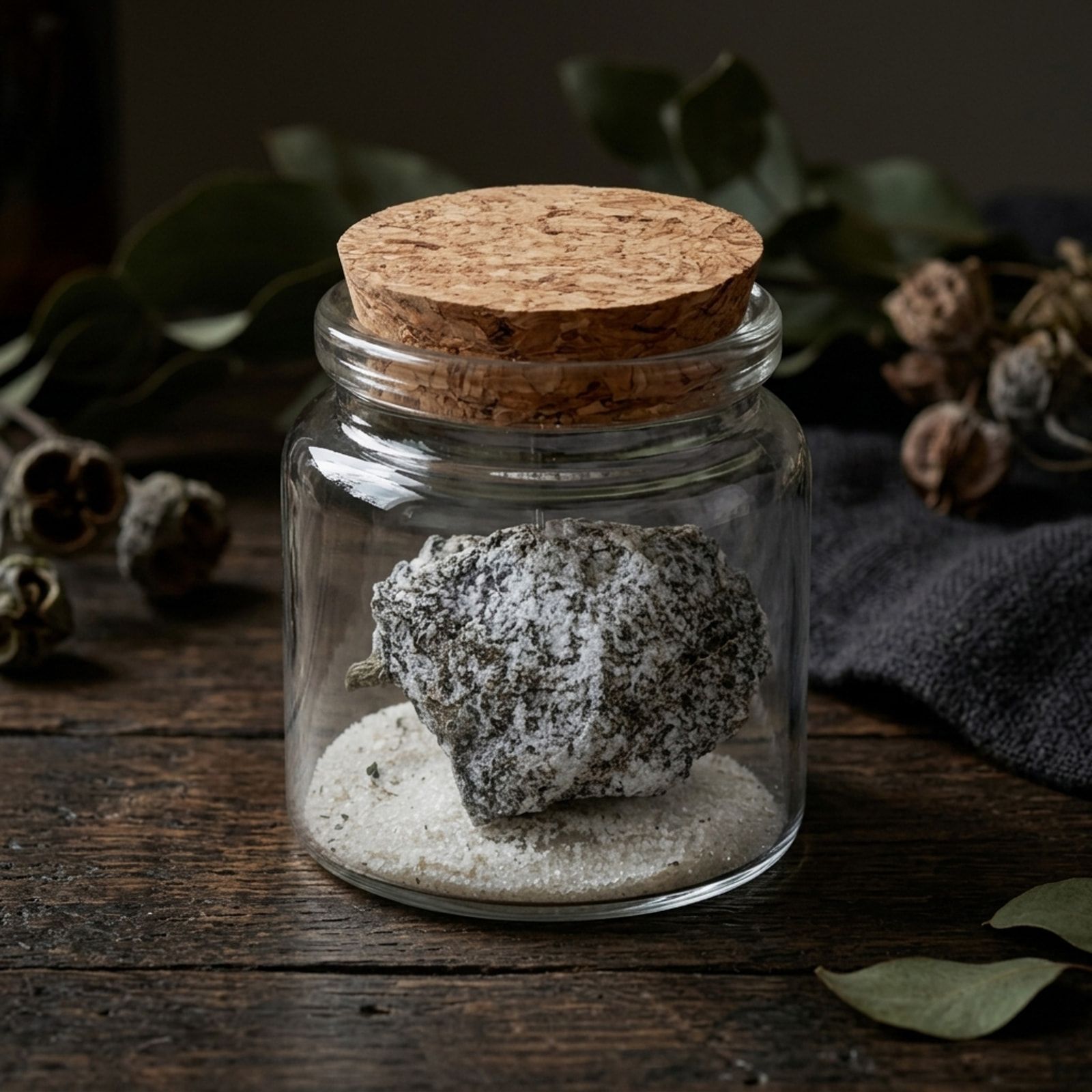 A white-coated cannabis bud in a cork-stoppered glass jar on a weathered wooden table, with eucalyptus leaves and dried seed pods behind it.