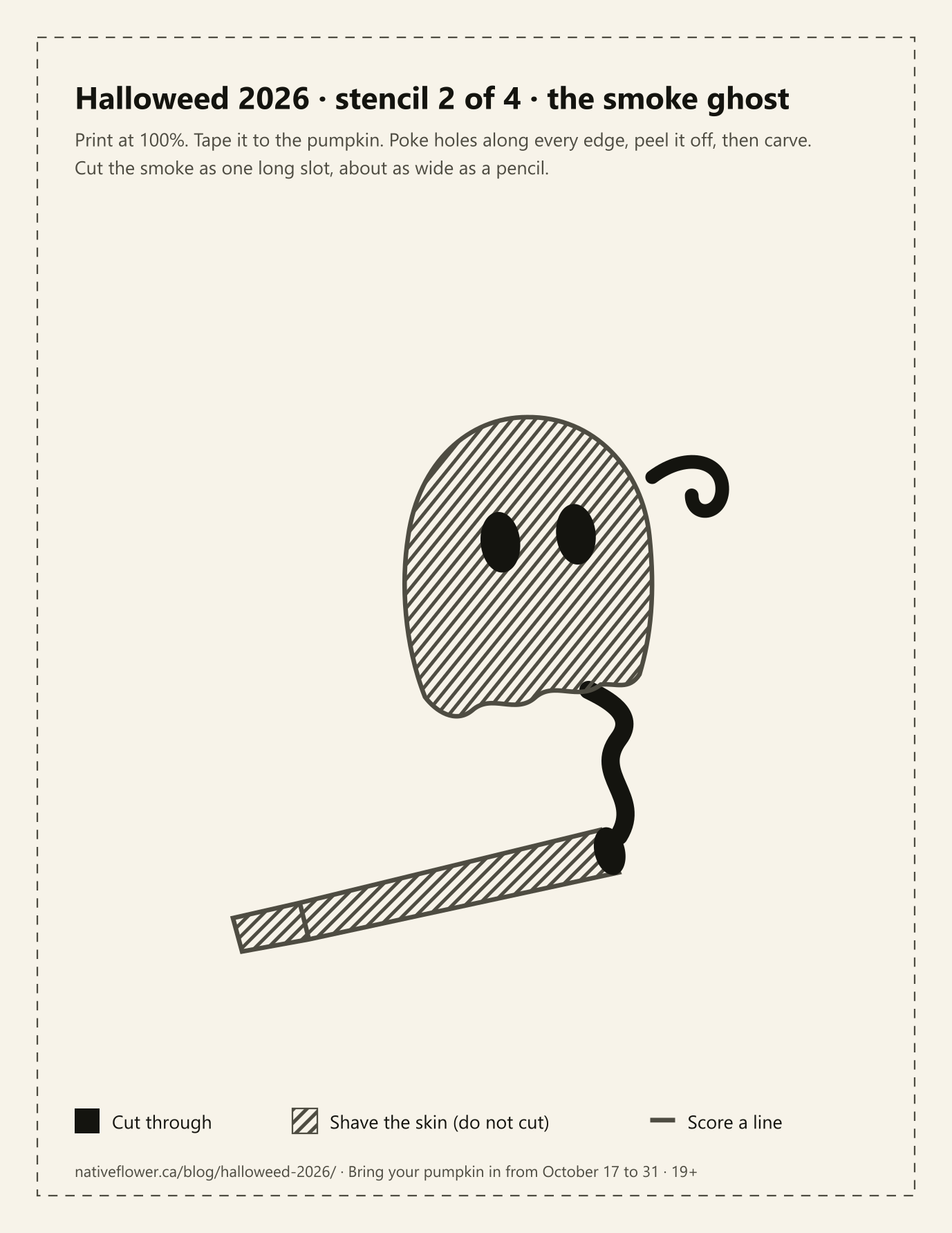 Stencil preview: a ghost made of smoke rising from a spliff, with the eyes and the smoke trail marked to cut and the ghost marked to shave.