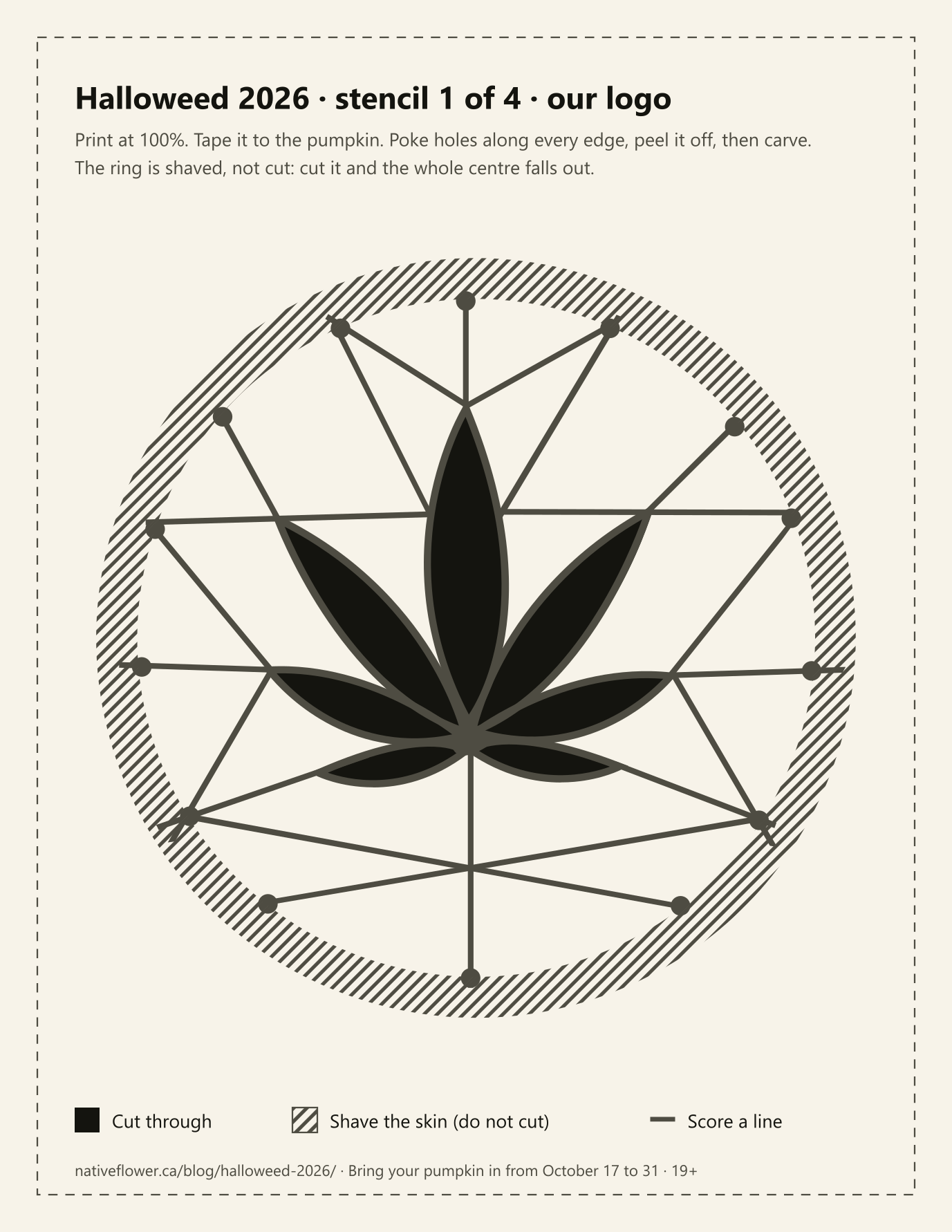 Stencil preview: the Native Flower logo, with the leaf marked to cut through, the ring marked to shave and the web marked to score.