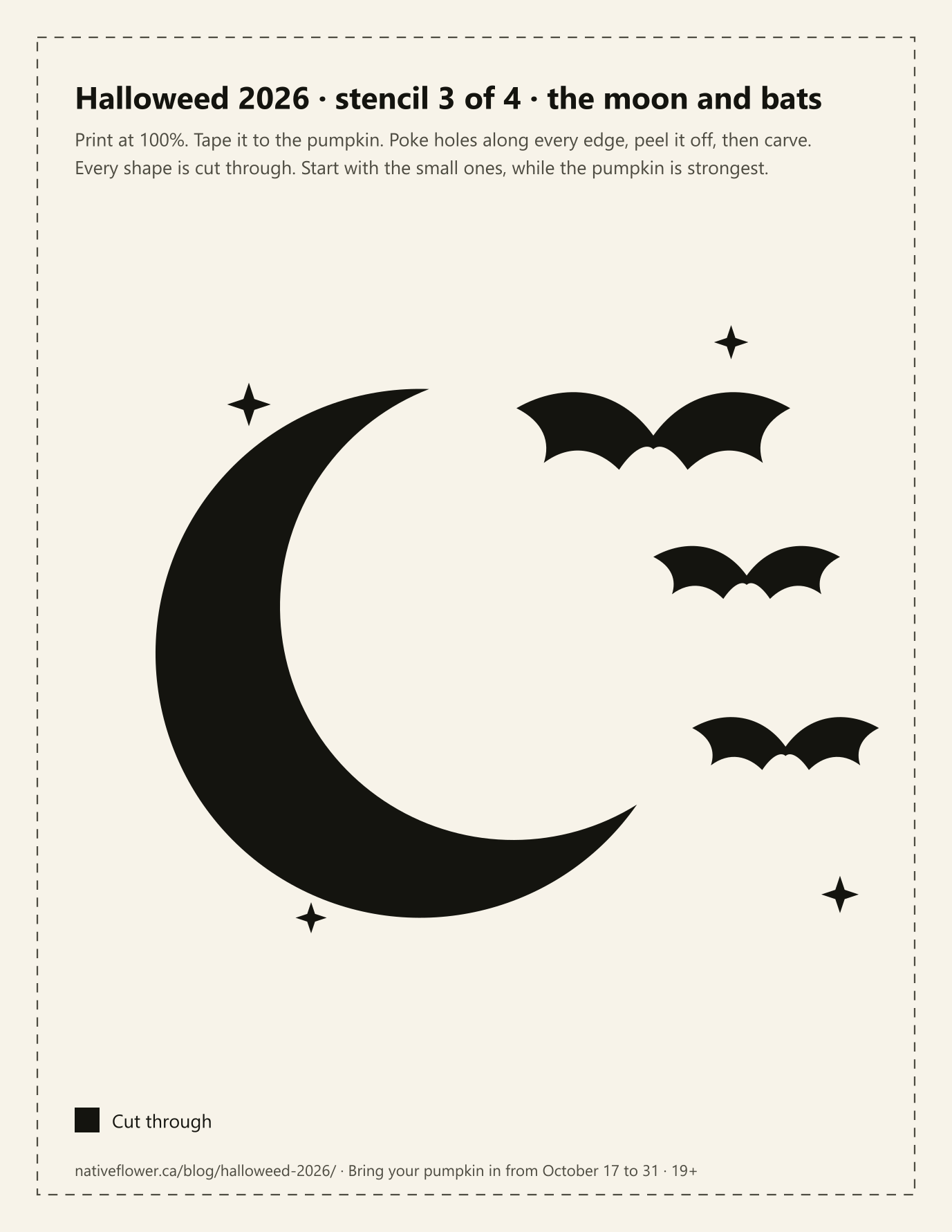 Stencil preview: a crescent moon, three bats and four small stars, all marked to cut through.