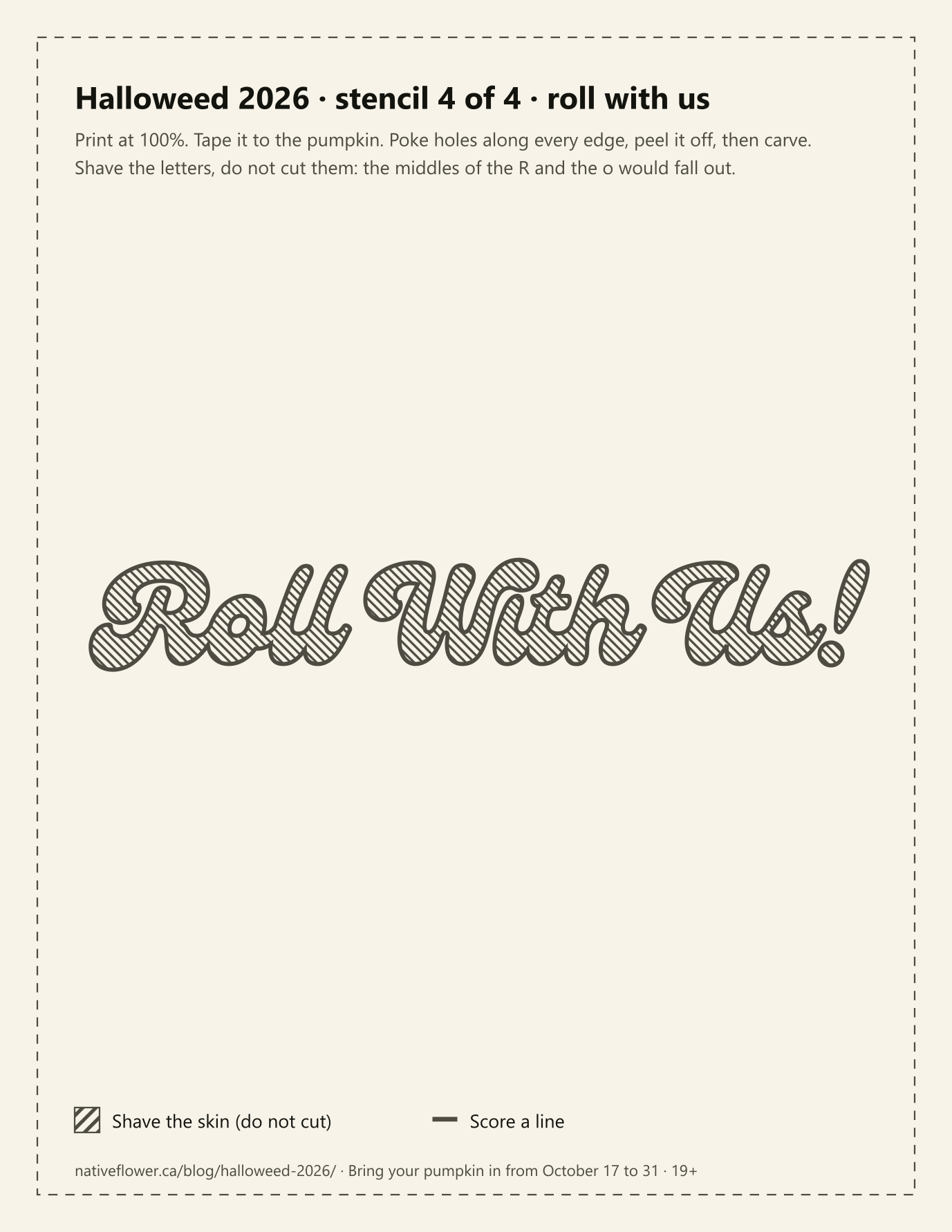 Stencil preview: the words Roll With Us! in script lettering, marked to shave.