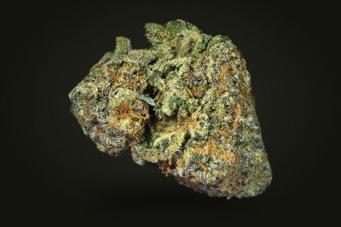 Strawberry Cough from another side: a dense bud with orange hairs through the green, on a plain black background.
