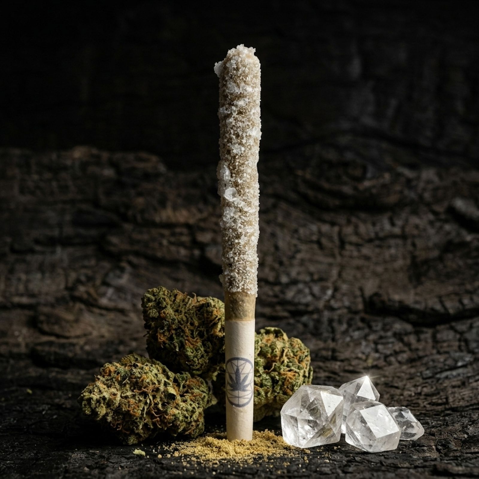 A crystal-coated Supernova pre-roll stands upright on dark bark beside cannabis buds, clear quartz points and a small pile of kief.