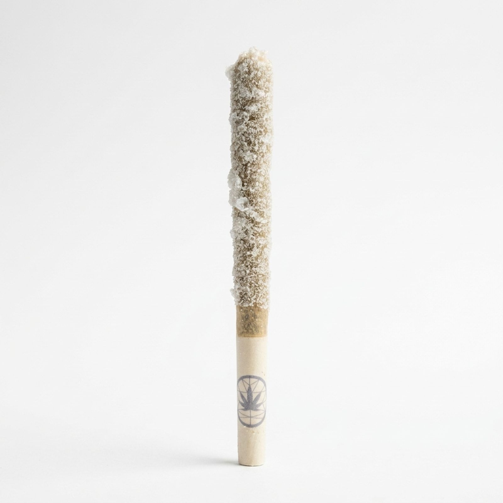 A crystal-coated Supernova pre-roll standing upright on a white background, the Native Flower logo printed on its pale tip.
