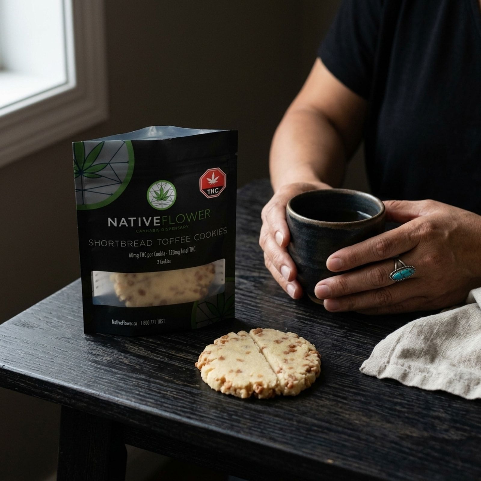 A person in a black T-shirt holds a dark mug behind a shortbread toffee cookie and its Native Flower pouch on a black wooden table.