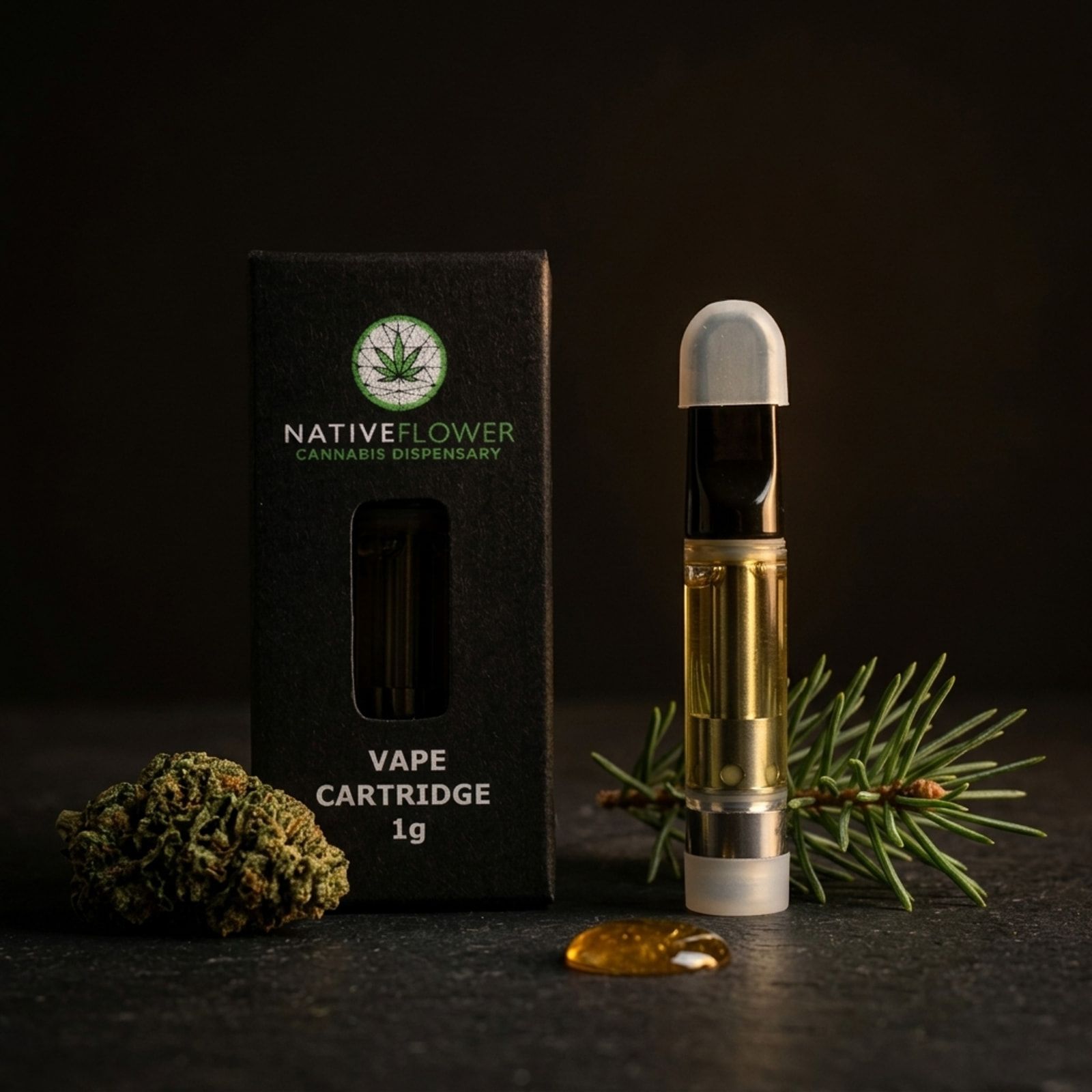 A black Native Flower vape cartridge box beside an amber-filled cartridge on dark stone, with a cannabis bud, spruce sprig and drop of oil.