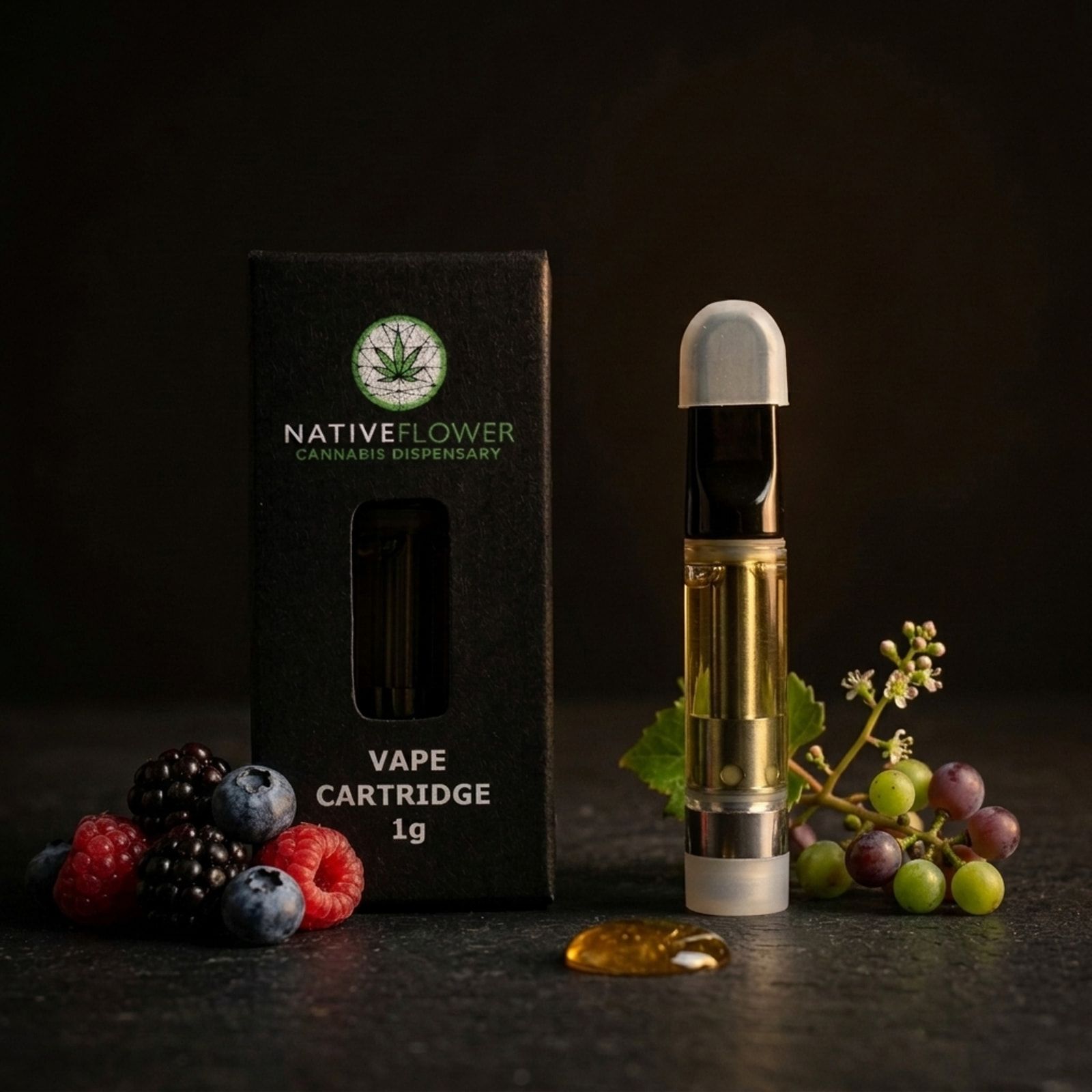 A black Native Flower vape cartridge box beside an amber-filled cartridge on dark stone, with raspberries, blackberries, blueberries and a cluster of grapes.