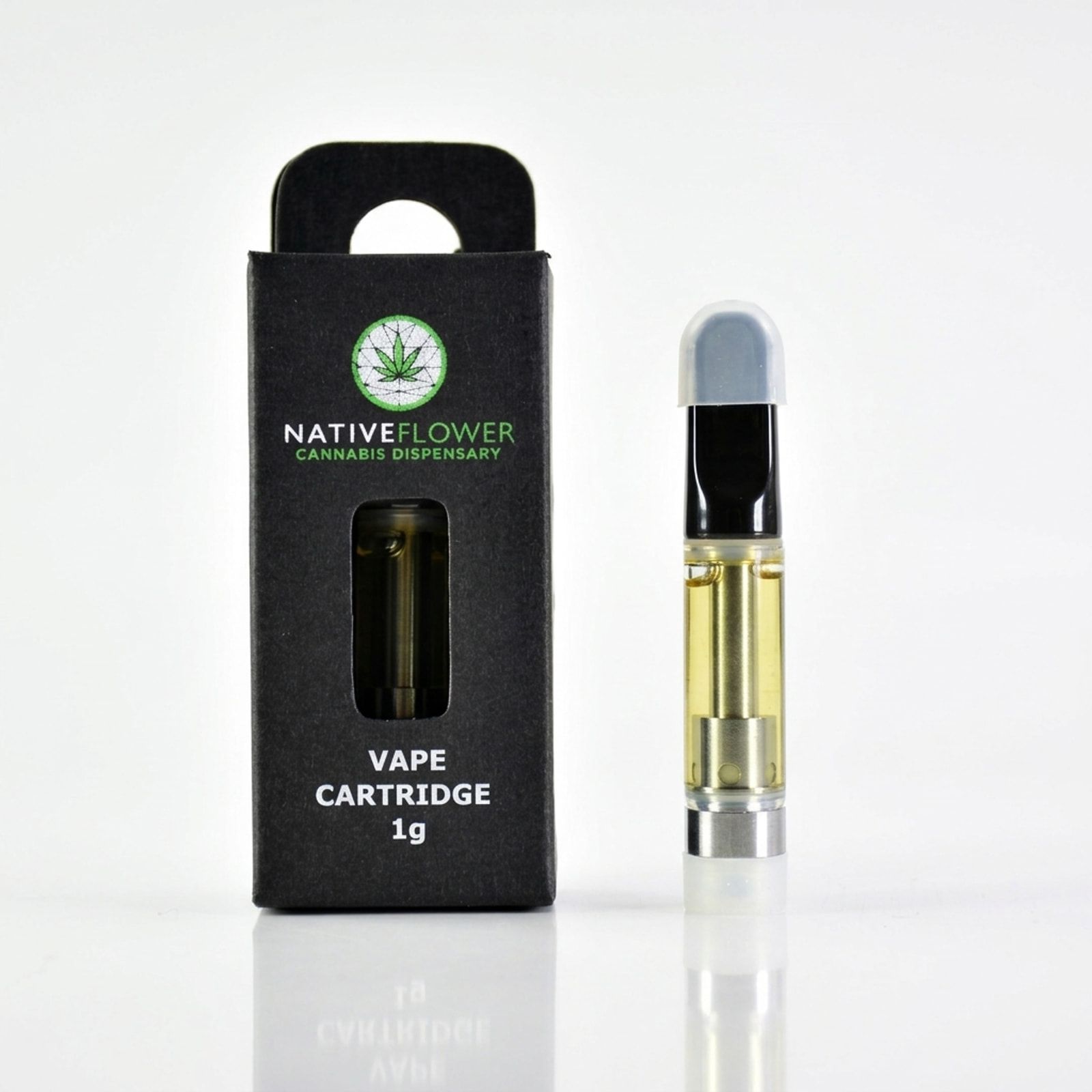 A black Native Flower vape cartridge box beside an amber-filled cartridge with a clear cap, on a white background.