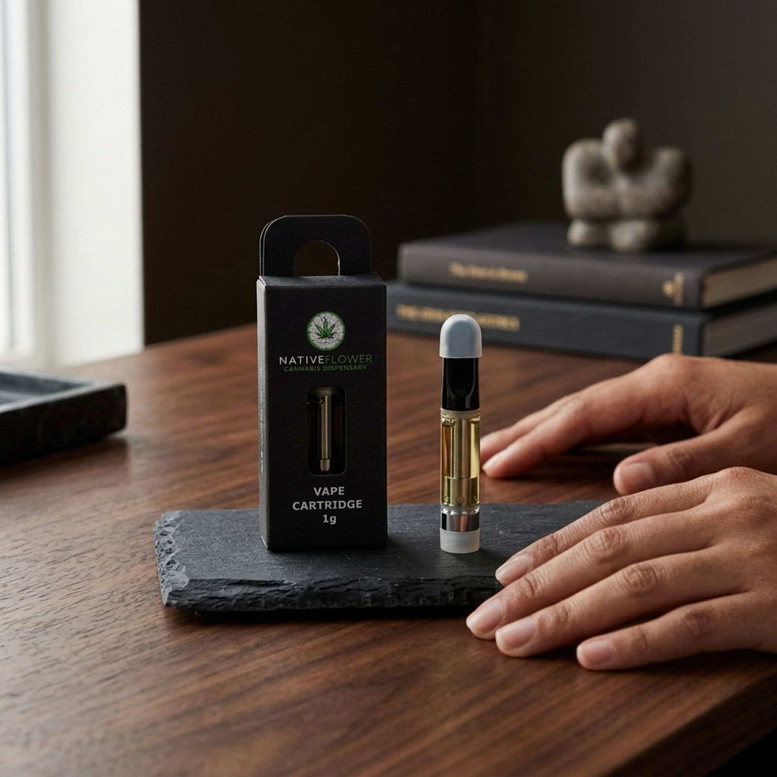 A black Native Flower vape cartridge box and an amber-filled cartridge on a slate tile on a wooden desk, with two hands resting beside them.